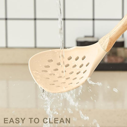 Kitchen Utensils Set - 34 PCS Non-Stick Silicone Cooking Utensils Set Spatula Set with Holder, Wooden Handle Spoon,Brush,Whisk Kitchen Gadgets Tools Set for Nonstick Cookware (Khaki-34P) - Image 4