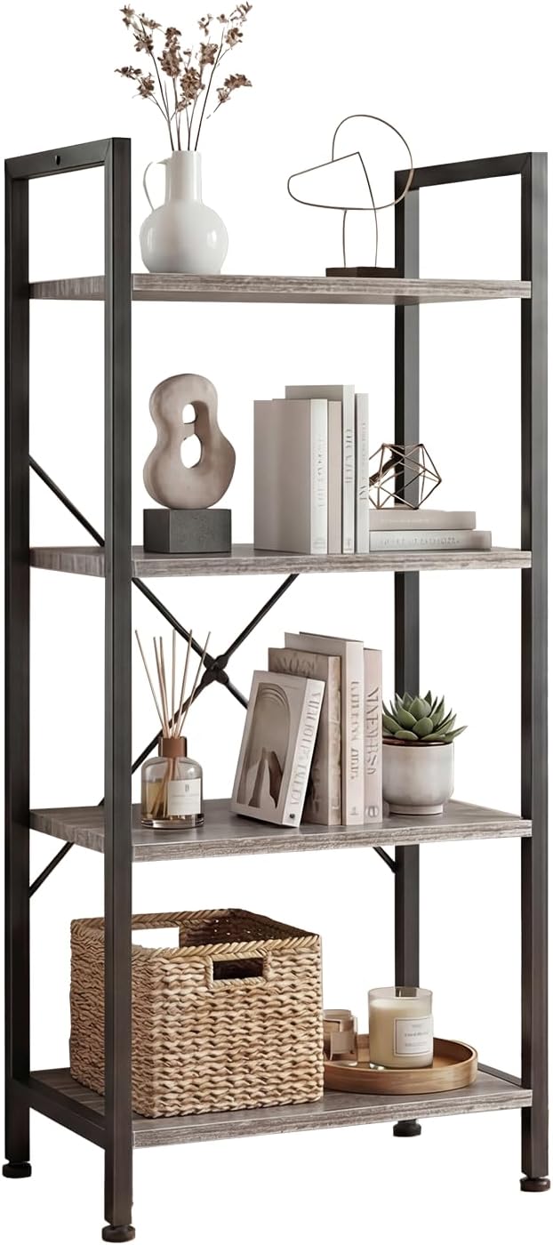 DUMOS 4 Tiers Bookshelf, Classical Book Shelf, Tall Display Shelves in Living Room/Home/Office, Storage Organizer for CDs/Books/Movies, Wood Grey by DumosLifestyle