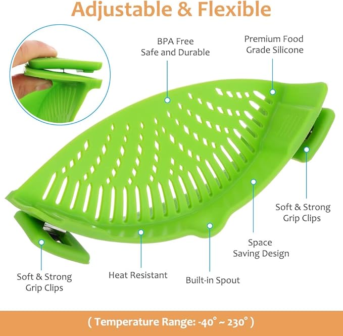 YEVIOR Clip on Strainer for Pots Pan Pasta, Silicone Food Strainer Hands-Free Pan Strainer, Clip-on Kitchen Food Strainer for Spaghetti, Pasta, Ground Beef Fits All Bowls and Pots (Green) - Image 2
