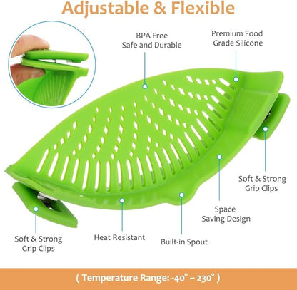 YEVIOR Clip on Strainer for Pots Pan Pasta, Silicone Food Strainer Hands-Free Pan Strainer, Clip-on Kitchen Food Strainer for Spaghetti, Pasta, Ground Beef Fits All Bowls and Pots (Green) - Image 2