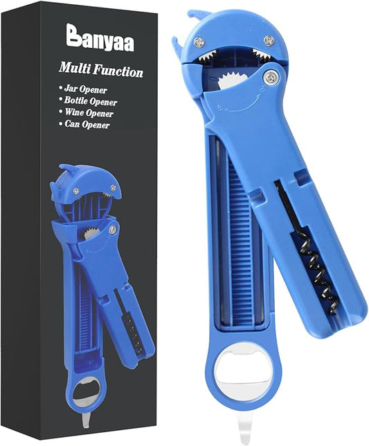 7 in 1 Jar Opener Bottle Opener and Wine Opener for Seniors with Arthritis, Weak Hands, Multi Retractable Magnetic Can Opener, Original Kitchen Lid Opener Tool (Blue)