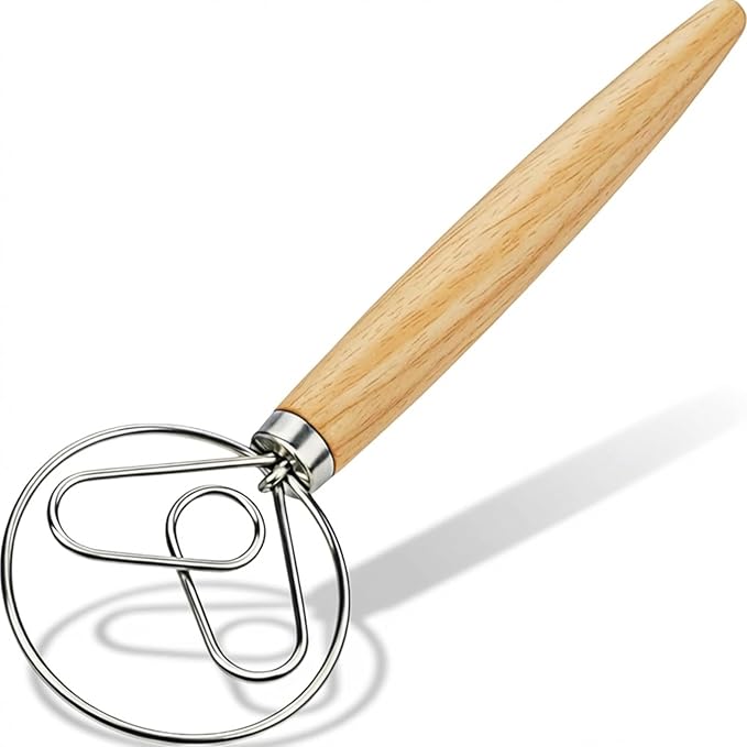 Danish Dough Whisk with Dough Hook Stainless Steel Wooden Handle for Sourdough Bread Baking Dough Mixing by YIGEDA