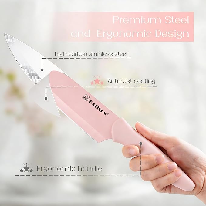 Knife Set, 15 Pieces Knives Sets for Kitchen with Block, Dishwasher Safe Kitchen Knife Set with Built in Sharpener Block, German High Carbon Stainless Steel Knife Block Set with Pink Nonstick Coating - Image 3