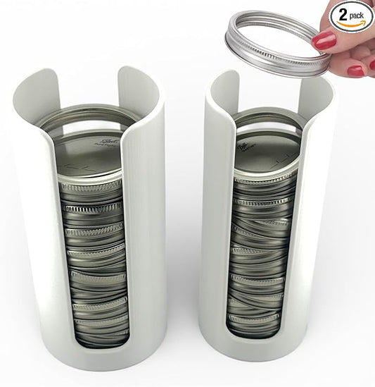 Mason Jar Lid Organizer | White Plastic Lid Storage Rack for Wide & Regular Mouth Mason Jars | Stackable Countertop & Cabinet Organizer | Fits Metal & Plastic Canning Lids
