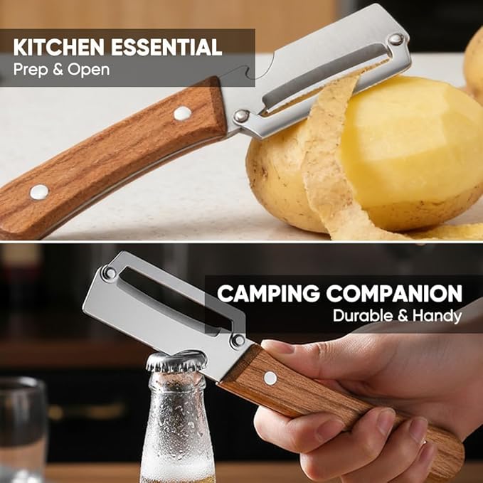 Premium Vegetable Peeler with Wooden Handle and Bottle Opener: 2-in-1 Stainless Steel Kitchen Tool for Fruit Apple Potato Pumpkin Papaya (1 PCS) - Image 5
