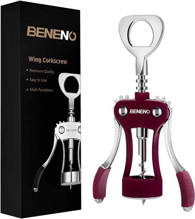 Beneno Wine Opener, Zinc Alloy Premium Wing Corkscrew with Multifunctional Bottles Opener, Sharp Wine Corkscrew with Ergonomic Non-Slip Wing Handle, Purple by Beneno