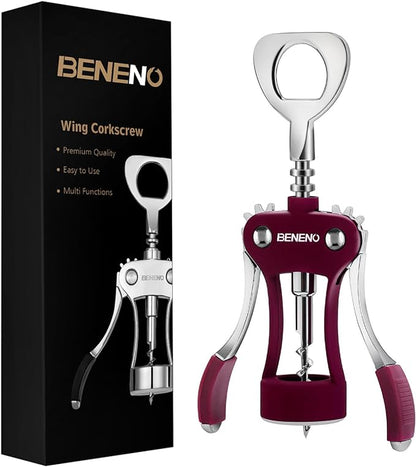 Beneno Wine Opener, Zinc Alloy Premium Wing Corkscrew with Multifunctional Bottles Opener, Sharp Wine Corkscrew with Ergonomic Non-Slip Wing Handle, Purple by Beneno