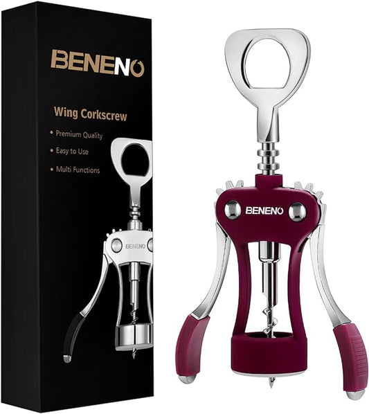 Beneno Wine Opener, Zinc Alloy Premium Wing Corkscrew with Multifunctional Bottles Opener, Sharp Wine Corkscrew with Ergonomic Non-Slip Wing Handle, Purple by Beneno