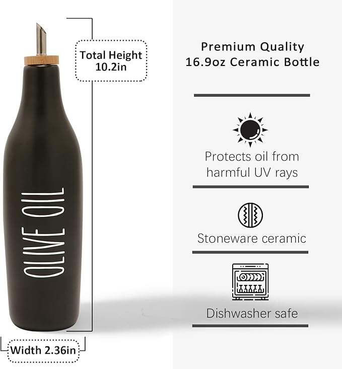 HOMCDALY Ceramic Olive Oil Dispenser for Kitchen, Stoneware 16oz Oil Cruet and Vinegar Bottles Dispenser, Kitchen Dispenser Bottle for EVOO Vinegar Syrups, Modern Farmhouse Design(B-O) - Image 3