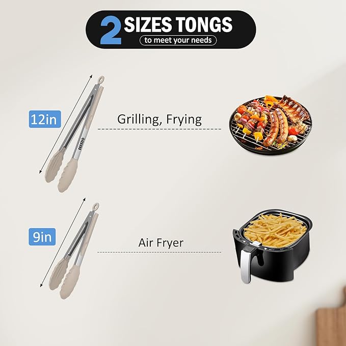 Tongs for Cooking, 600ºF High Heat-Resistant Stainless Steel Kitchen Tongs with Silicone Tips, Non Scratch, Locking Tong for BBQ Grilling Air Fryer Food Salads, Set of 2 (9" and 12") Beige - Image 2