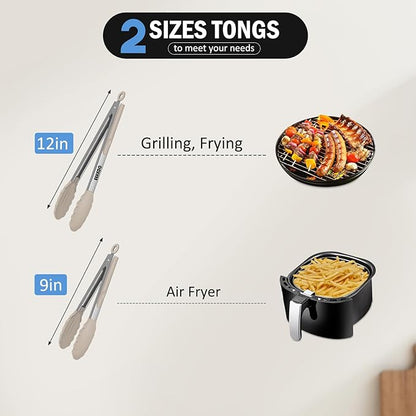 Tongs for Cooking, 600ºF High Heat-Resistant Stainless Steel Kitchen Tongs with Silicone Tips, Non Scratch, Locking Tong for BBQ Grilling Air Fryer Food Salads, Set of 2 (9" and 12") Beige - Image 2
