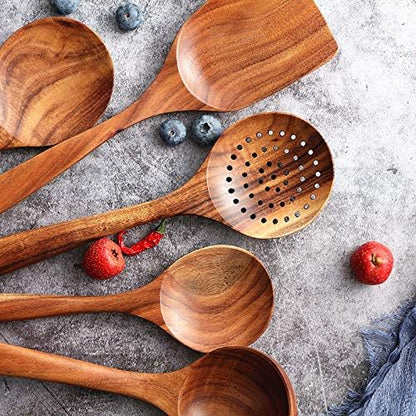 Messon Wooden Spoons for Cooking, 7Pcs Handmade Natural Teak Cooking Spoons Wooden Spatula for Non Stick Cookware (7 sets) - Image 3
