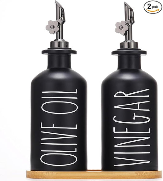 HOMCDALY Premium Olive Oil Dispenser for Kitchen, 11.8oz Glass Oil Bottles with Bamboo Tray, Black Oil&Vinegar Cruet Set, Kitchen Dispenser Bottles with Pourer | Set of 2 (11.8oz –P–Black) by HOME