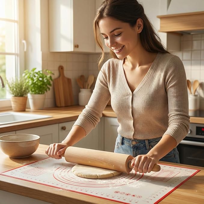 Rolling Pin Set for Baking, 3-Piece Wooden Dough Roller with Silicone Mat and Stand, Kitchen Pastry Baking Accessories for Pie Crust, Cookies, Pizza Dough and Bread