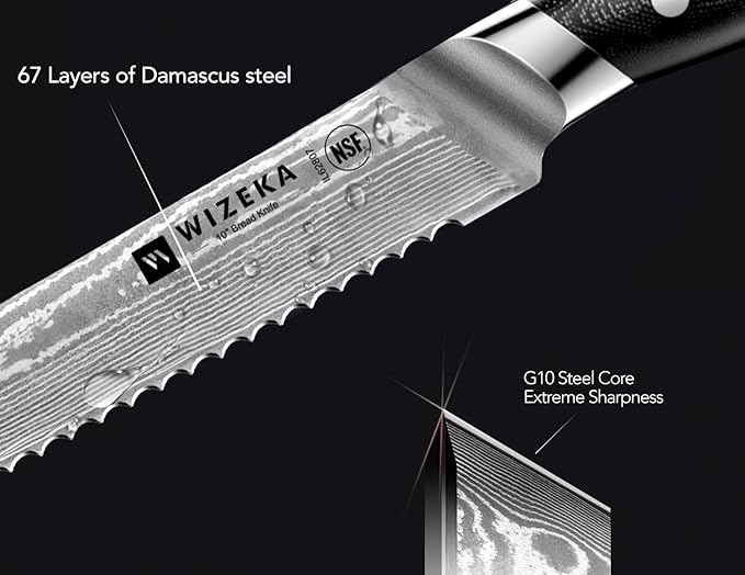 WIZEKA 10 inch Damascus Serrated Bread Knife for Homemade Bread: Razor Sharp VG10 Damascus Steel Multifunction Serrated Knife for Slicing Homemade Bread, Bagels, Cake - Image 3