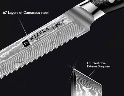 WIZEKA 10 inch Damascus Serrated Bread Knife for Homemade Bread: Razor Sharp VG10 Damascus Steel Multifunction Serrated Knife for Slicing Homemade Bread, Bagels, Cake - Image 3