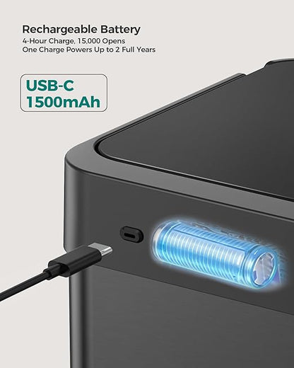Kitchen Trash Can Touchless, 13 Gallon/50 Liter Stainless Steel Automatic Motion Sensor Trash Can, Type-C Rechargeable Garbage Can with Lid, Silent Close, Touchless Trash Bin for Home Kitchen, Black - Image 3