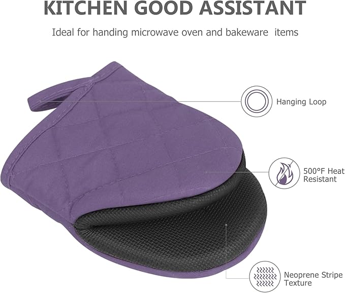 1 Pair Short Oven Mitts - Silicone Kitchen Oven Gloves High Heat Resistant 500℉, Mini Oven Mits with Non-Slip Grip Surfaces and Hanging Loop for BBQ, Baking, Cooking and Grilling (Purple) - Image 4