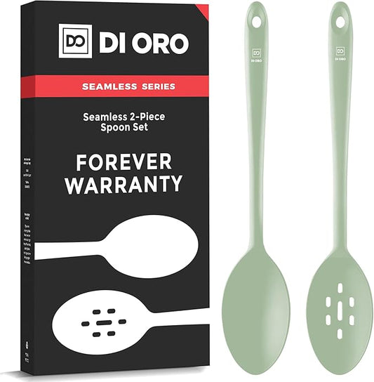 DI ORO Silicone Spoons for Cooking - Large Kitchen Spoons for Mixing, Serving, & Stirring - 600°F Heat-Resistant Non Stick Utensils – Big Solid & Slotted Basting Spoons - Dishwasher Safe (2pc, Sage) by DIORO