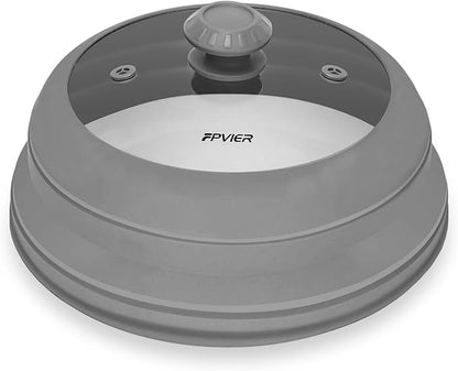 Microwave Splatter cover, Glass Microwave Cover for Food, 10.8 inch Guard Lid with Collapsible Silicone for 6-10 inch Plates & Bowls, Dishwasher Safe, 450°F Heat Resistant, BPA-Free, Gray