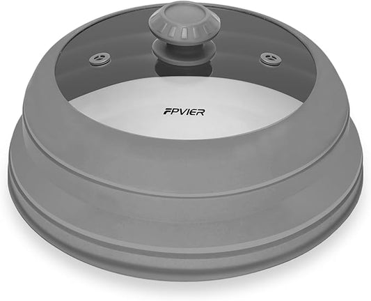 Microwave Splatter cover, Glass Microwave Cover for Food, 10.8 inch Guard Lid with Collapsible Silicone for 6-10 inch Plates & Bowls, Dishwasher Safe, 450°F Heat Resistant, BPA-Free, Gray