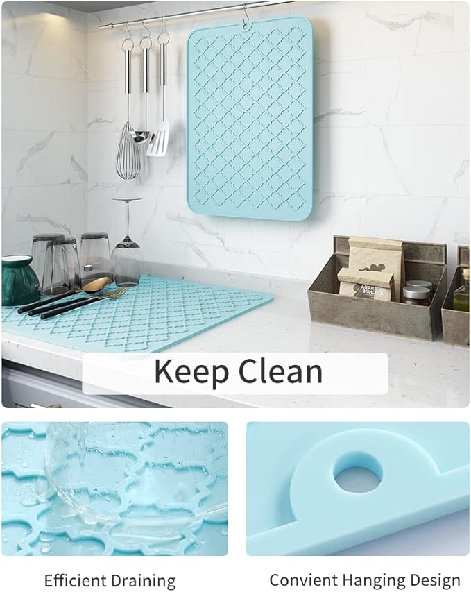 AMOAMI-Dish Drying Mats for Kitchen Counter-Silicone Dish Drying Mat-Kitchen Dish Drying Pad Heat Resistant Mat-Kitchen Gadgets Kitchen Accessories Kitchen Small Appliances(12" x 16", LIGHT BLUE) - Image 2