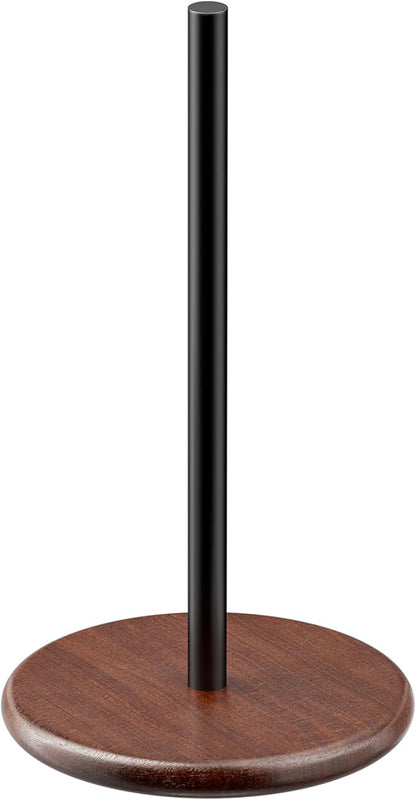 Paper Towel Holder with Wooden Base, Kitchen Countertop Paper Towel Stand, Brown Wood Base with Black Stainless Steel Post, Farmhouse Roll Dispenser.