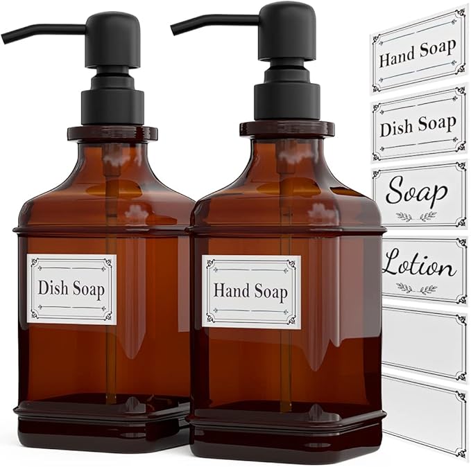 GLADPURE Soap Dispenser 2 Pack, Hand Soap Dispensers with 18 Oz Antique Design Thick Amber Glass Bottle, 316 Rust Proof Stainless Steel Black Pump, 6Pcs Stickers, for Lotion, Soap, Essential Oil by GLADPURE