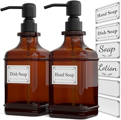 GLADPURE Soap Dispenser 2 Pack, Hand Soap Dispensers with 18 Oz Antique Design Thick Amber Glass Bottle, 316 Rust Proof Stainless Steel Black Pump, 6Pcs Stickers, for Lotion, Soap, Essential Oil by GLADPURE