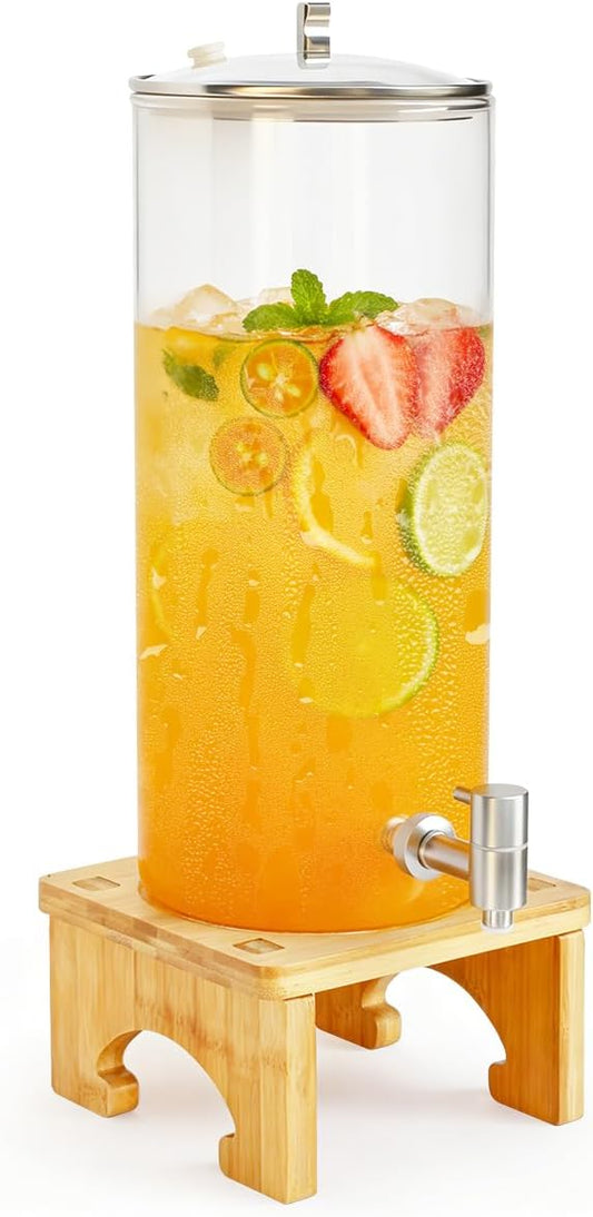 2 Gallon Drink Dispenser,Glass Beverage Dispenser With Wood Stand, 18/8 Stainless Steel Spigot and Labels Large Water Drink Dispensers for Parties, Lemonade,Juice, Bar,Wedding,Restaurants by Unknown
