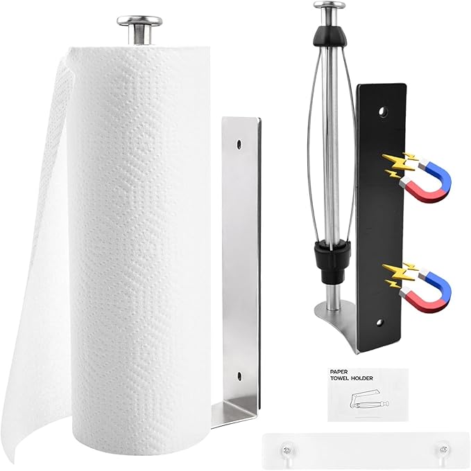 Magnetic Paper Towel Holder with Adjustable Damping - One Hand Tear, No Drill Adhesive Mount, Strong Magnet for Kitchen, Fridge, RV, Garage, Grill (Color:Silver)