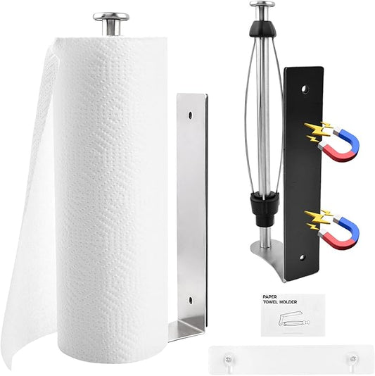 Magnetic Paper Towel Holder with Adjustable Damping - One Hand Tear, No Drill Adhesive Mount, Strong Magnet for Kitchen, Fridge, RV, Garage, Grill (Color:Silver)