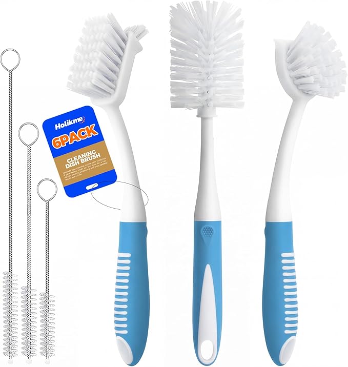 Holikme 6 Pack Dish Brush Set with Bottle Brush, Dish Scrub Brush, Pan Brush and 3 Straw Brushes, Deep Cleaning Handle Brush with Scraper Tip for Kitchen Sink Dishes Bottle Cup Pot and Pans (Azul) by Holikme