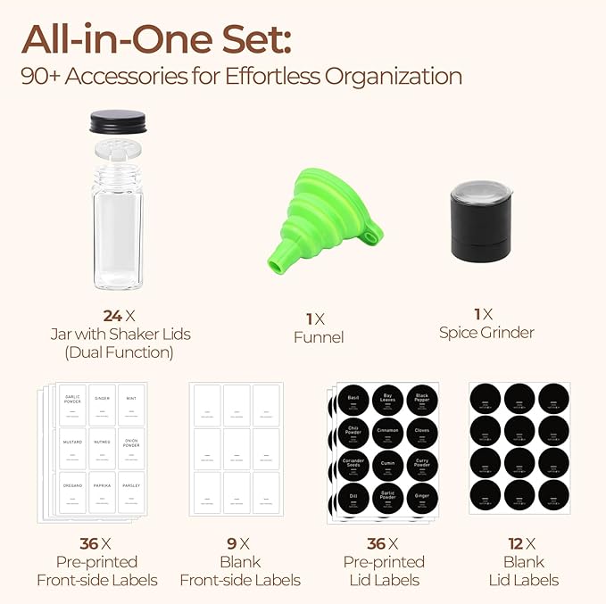 ComSaf 15Pcs 4oz Glass Spice Jars with Shaker Lids, 93 Labels, a Handy Funnel, a Pepper Grinder, Empty Spice Containers and Square Spice Bottles for Kitchen and Seasoning - Image 3