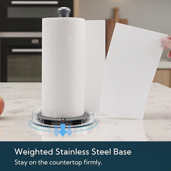 KITCHENDAO One-Handed Countertop Paper Towel Holder, Rotation Freestanding Kitchen Paper Holder Stand, Stainless Steel Paper Roll Holder with Weighted Base High-Adhesion Pad Sticker - Image 5