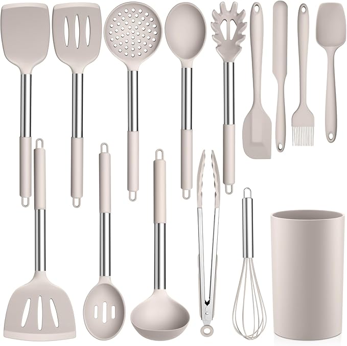 LIANYU 15 Pcs Kitchen Cooking Utensils Set with Holder, Silicone Kitchen Tools with Stainless Steel Handle, Heat Resistant Gadgets, Brush Spatula Spoon Whisk for Cookware, Dishwasher Safe, Khaki by LIANYU
