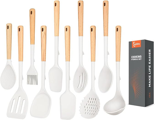 Silicone Cooking Utensils Set of 10 with Wooden Handle,No Scratch for Nonstick Cookware,Slotted Spoon&Spatula,Solid Spoon&Spatula,Large Measuring Ladle,Brush,Rice Paddle,Baking Turner&Flipper (White)
