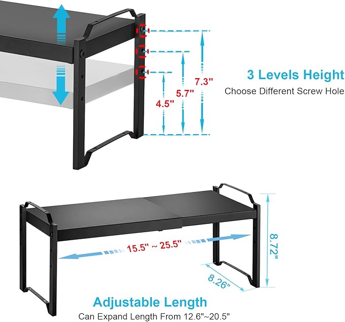 X-cosrack 25.5 Inches 2 Pack Expandable Cabinet Shelves, Stackable Shelf Organizer for Kitchen Cabinet Countertop Storage, Adjustable Counter Cupboard Pantry Organizer Shelf Rack Stand Riser, Black - Image 2