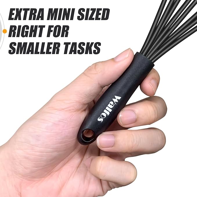 Walfos Whisk 5+7in/12cm+17cm Mini Whisk,Silicone Whisks Non Scratch Heat Resistant (480°F). Nice for stirring individual eggs and mixing small amounts of powder and sauce.Dishwasher Safe.Black - Image 4