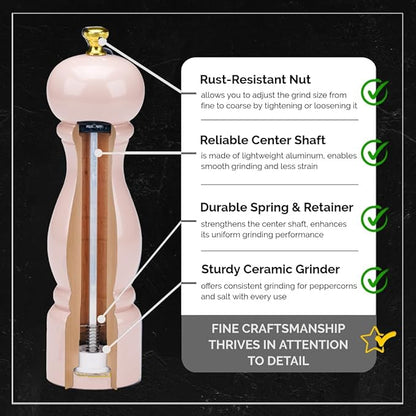 Rose Pink Salt Pepper Grinder Mill, 8 Inch Classic Wood Manual Salt Pepper Grinder, Adjustable Wooden Peppermill, Refillable Pepper and Salt Mill, Best Mama's Day Gifts for Mom from Daughter Son