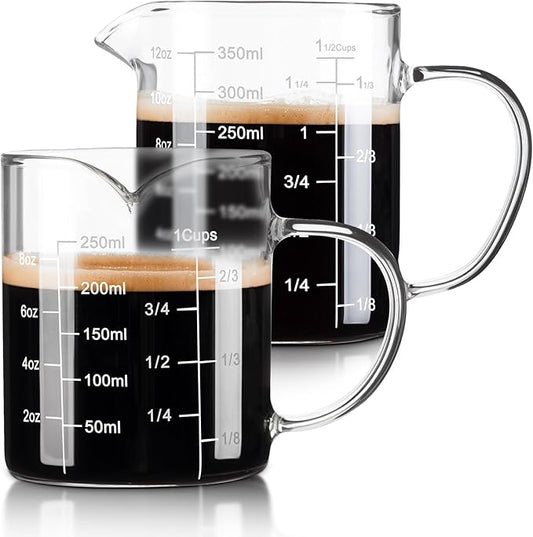 FrutPunch Glass Measuring Cup, Two-Pack (8OZ, 12OZ) with V-Shaped Mouth, Liquid Measuring Cups, Coffee Glass Measuring Cup with Handle, Suitable for Kitchen and Restaurant.
