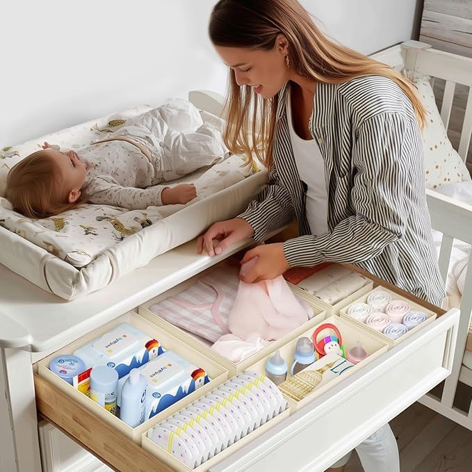 DIMJ Drawer Organizer Clothes 10 Pack - Foldable Baby Organizers and Storage & Dresser Organizer for Bedroom, Closet - Nursery Organization Dresser Dividers for underwear, Sock,Bra, Belt, Tie, Beige - Image 2