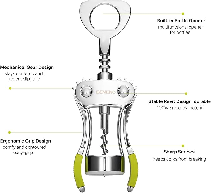 Beneno Wine Opener, Zinc Alloy Premium Wing Corkscrew with Multifunctional Bottles Opener, Sharp Wine Corkscrew with Ergonomic Non-Slip Wing Handle, Green - Image 4