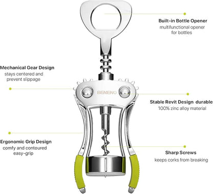 Beneno Wine Opener, Zinc Alloy Premium Wing Corkscrew with Multifunctional Bottles Opener, Sharp Wine Corkscrew with Ergonomic Non-Slip Wing Handle, Green - Image 4