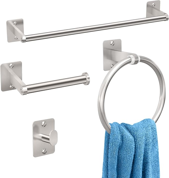 KLJKPA Brushed Nickel Bathroom Accessories Set, 4 Pieces Bathroom Hardware Set, 16 inch Towel Bar, Towel Racks for Bathroom, Robe Towel Hooks, Toilet Paper Holder Wall Mounted by KLJKPA