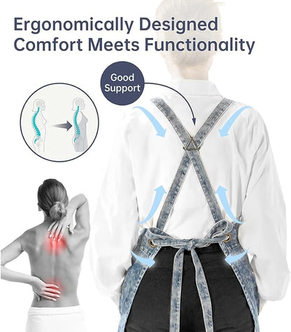 Denim Apron with Pockets for Hair Stylist Gardening Craftsmen Barista Women Hairdresser Jean Work Apron Cross Straps