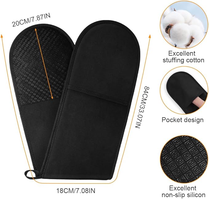 AUAUY Black Double Oven Mitts, 250°C/482°F Heat Resistant BBQ Mittens with Ropes, Silicone Non-Slip Design Kitchen Mittens, Cooking Glove Top Kitchen Gadgets for Cooking Baking Grilling - Image 2