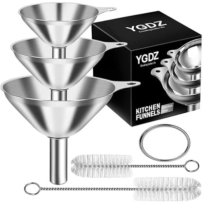 Kitchen Funnels for Filling Bottles, YGDZ 3pcs Small/Medium/Large Food Grade Stainless Steel Metal Kitchen Funnels Set for Essential Oil Spices Liquid, 2pcs Cleaning Brushes