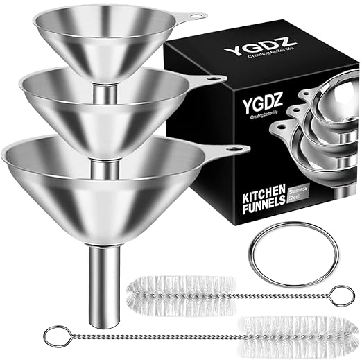 Kitchen Funnels for Filling Bottles, YGDZ 3pcs Small/Medium/Large Food Grade Stainless Steel Metal Kitchen Funnels Set for Essential Oil Spices Liquid, 2pcs Cleaning Brushes