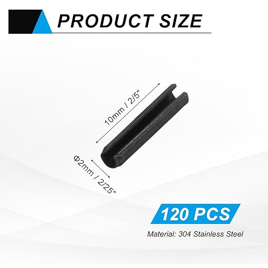 MECCANIXITY 120Pcs Slotted Split Roll Pins 2/25 Inch(2mm) Dia. 2/5 Inch(10mm) Length Steel Spring Tension Expansion Dowels for Secure Fastening, Black